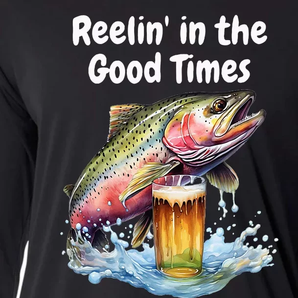 Reelin In The Good Times A Unique Fish & Beer Design Cooling Performance Long Sleeve Crew