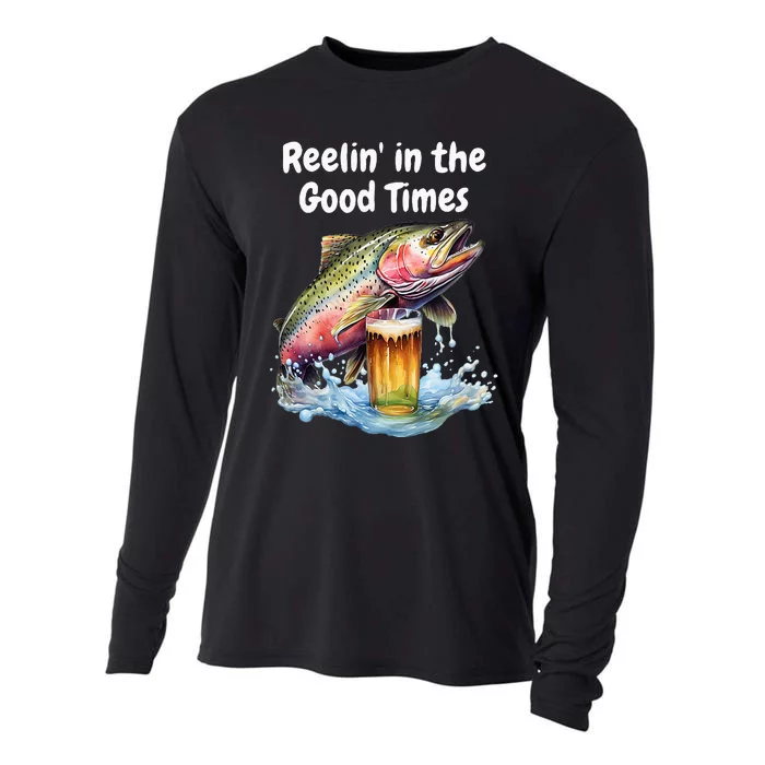 Reelin In The Good Times A Unique Fish & Beer Design Cooling Performance Long Sleeve Crew