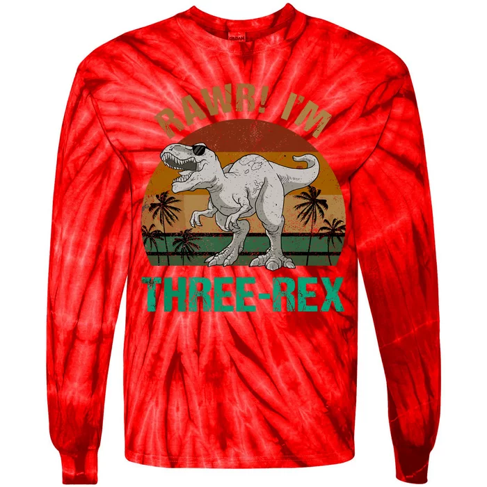 Rawr I'm Three Rex 3rd Birthday T-rex Dinosaur 3 Years Old Tie-Dye Long Sleeve Shirt