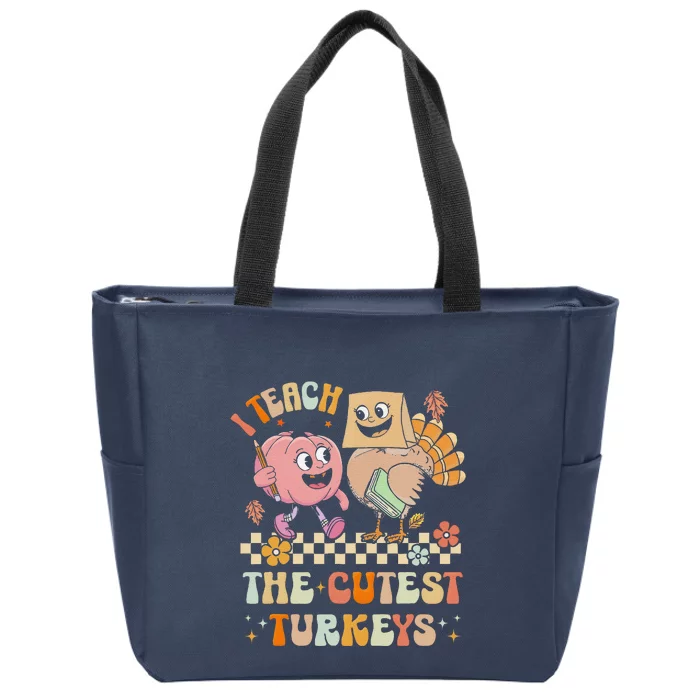 Retro I Teach The Cutest Turkey Thanksgiving Pumpkin Teacher Zip Tote Bag