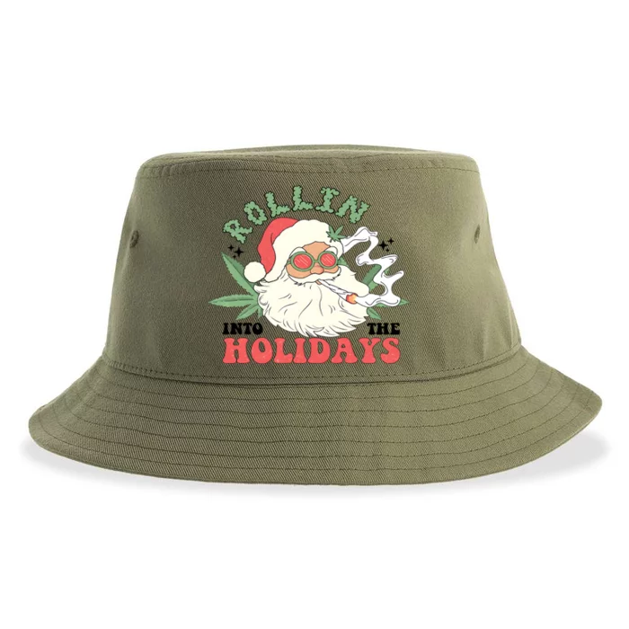 Rollin Into The Holidays Santa Smoker Retro Christmas Cannabis Weed Sustainable Bucket Hat