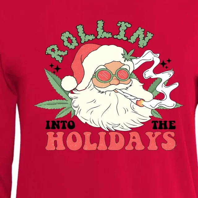 Rollin Into The Holidays Santa Smoker Retro Christmas Cannabis Weed Womens Cotton Relaxed Long Sleeve T-Shirt