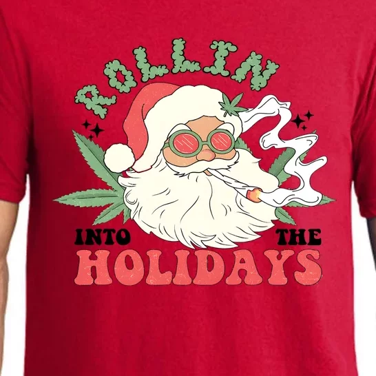 Rollin Into The Holidays Santa Smoker Retro Christmas Cannabis Weed Pajama Set