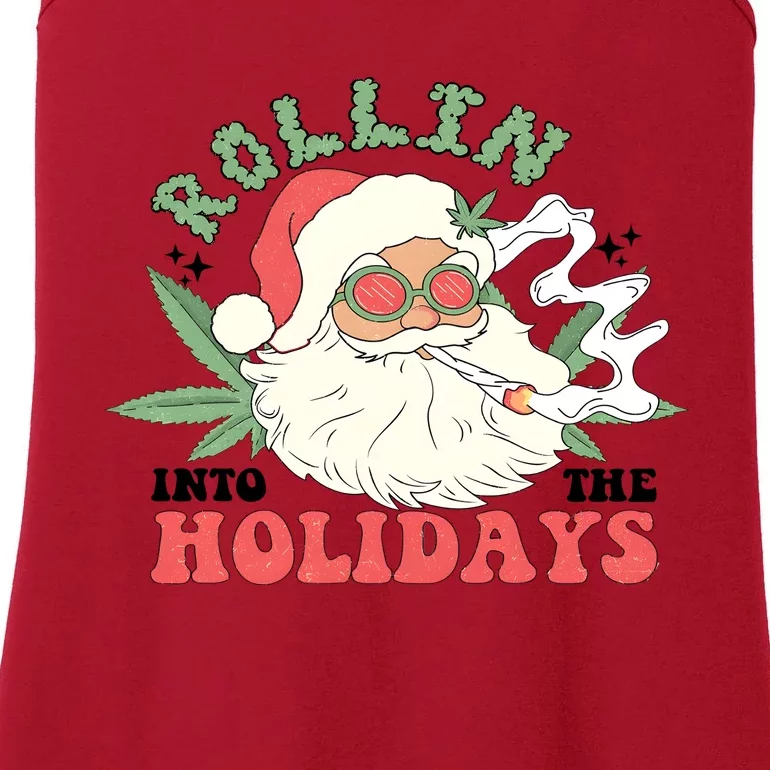 Rollin Into The Holidays Santa Smoker Retro Christmas Cannabis Weed Ladies Essential Tank