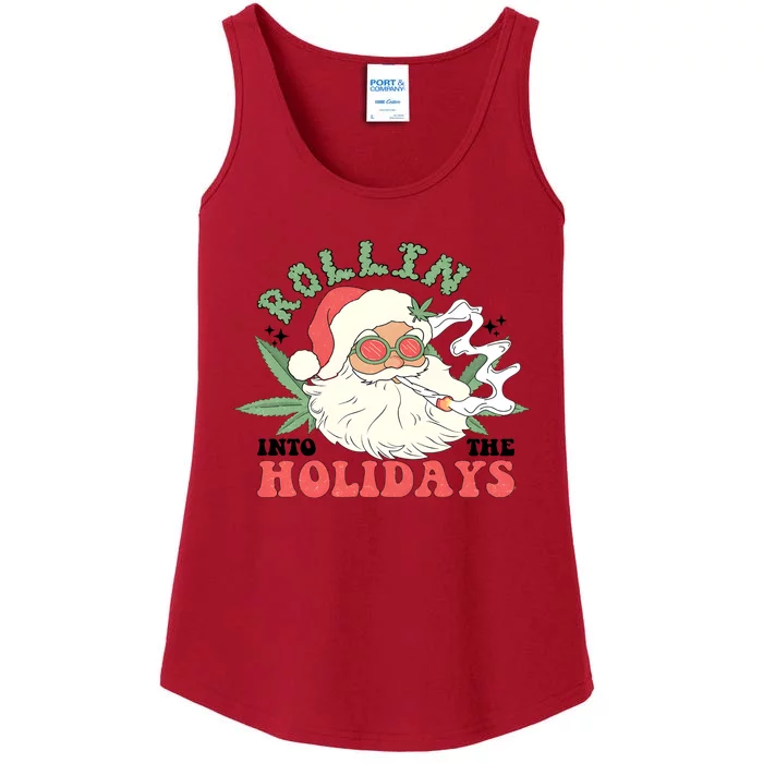 Rollin Into The Holidays Santa Smoker Retro Christmas Cannabis Weed Ladies Essential Tank