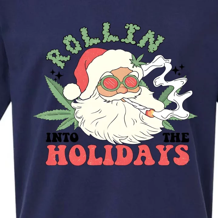 Rollin Into The Holidays Santa Smoker Retro Christmas Cannabis Weed Sueded Cloud Jersey T-Shirt