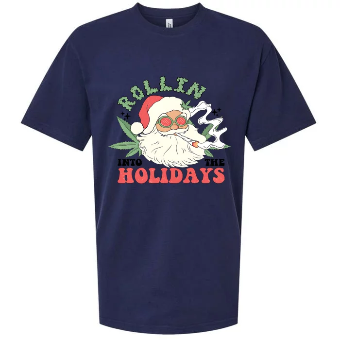 Rollin Into The Holidays Santa Smoker Retro Christmas Cannabis Weed Sueded Cloud Jersey T-Shirt