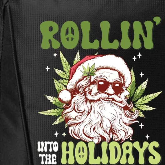 Rollin Into The Holidays Santa Black Marijuana Christmas City Backpack