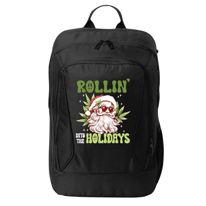 Rollin Into The Holidays Santa Black Marijuana Christmas City Backpack