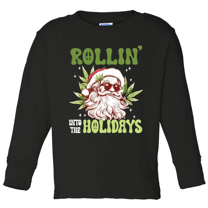 Rollin Into The Holidays Santa Black Marijuana Christmas Toddler Long Sleeve Shirt