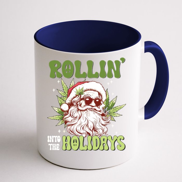 Rollin Into The Holidays Santa Black Marijuana Christmas Front & Back Coffee Mug