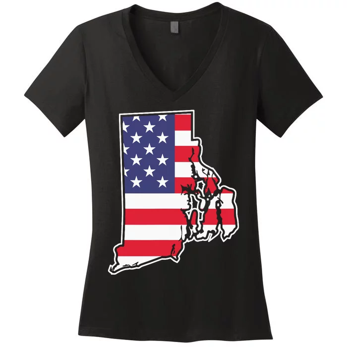 Rhode Island Usa Flag State Outline Patriotic American Women's V-Neck T-Shirt