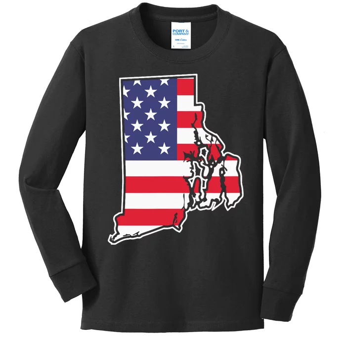 Rhode Island Usa Flag State Outline Patriotic American Kids Long Sleeve Shirt