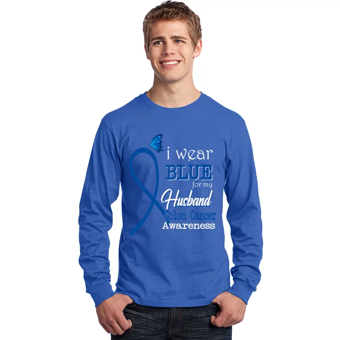 Ribbon I Wear Blue For Husband Colon Cancer Awareness Gift Long Sleeve Shirt