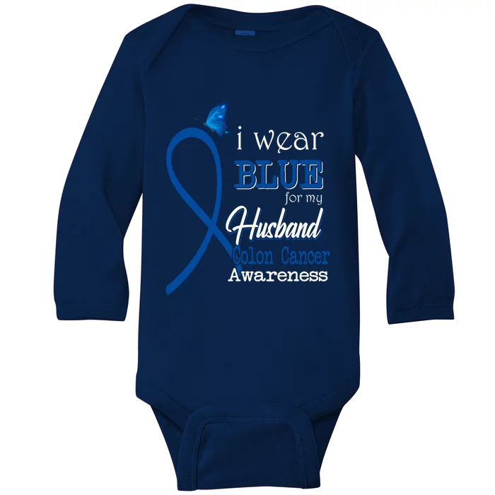 Ribbon I Wear Blue For Husband Colon Cancer Awareness Gift Baby Long Sleeve Bodysuit