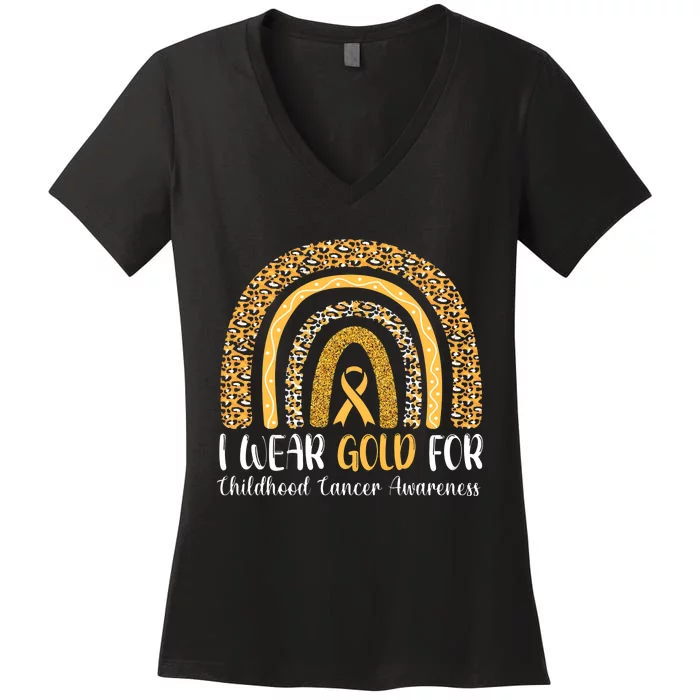 Rainbow I Wear Gold For Childhood Cancer Awareness Women's V-Neck T-Shirt