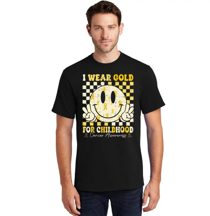 Retro I Wear Gold For Childhood Cancer Awareness Gold Ribbon Gift Tall T-Shirt