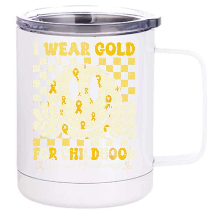 Retro I Wear Gold For Childhood Cancer Awareness Gold Ribbon Gift Front & Back 12oz Stainless Steel Tumbler Cup