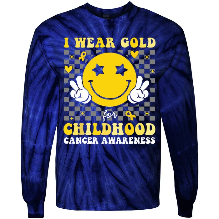 Retro I Wear Gold For Childhood Cancer Awareness Tie-Dye Long Sleeve Shirt