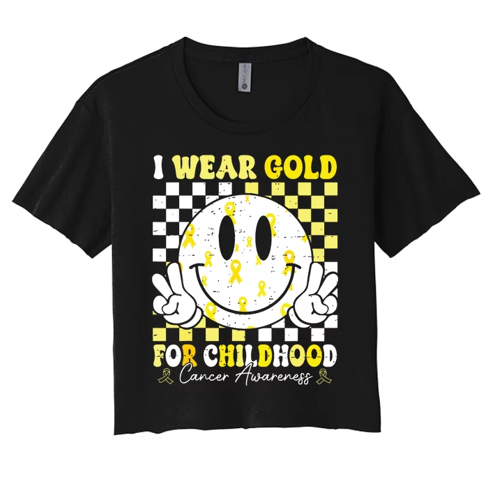 Retro I Wear Gold For Childhood Cancer Awareness Gold Ribbon Women's Crop Top Tee