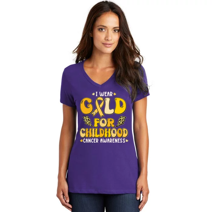 Retro I Wear Gold For Childhood Cancer Awareness Women's V-Neck T-Shirt