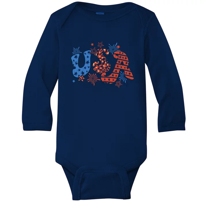 Retro July 4th Party In The Usa Firework American Patriot Gift Baby Long Sleeve Bodysuit