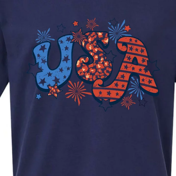 Retro July 4th Party In The Usa Firework American Patriot Gift Sueded Cloud Jersey T-Shirt