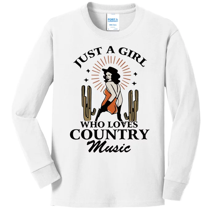 Retro Just A Girl Who Love Country Music Western Cowgirl Kids Long Sleeve Shirt