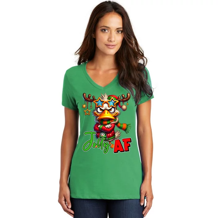 Reindeer Jolly Af Funny Sarcastic Grumpy Duck Christmas Women's V-Neck T-Shirt