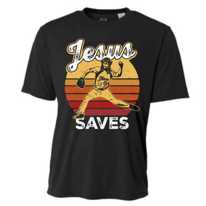 Retro Jesus A Saves Baseball Pitcher Fan Christian Cooling Performance Crew T-Shirt