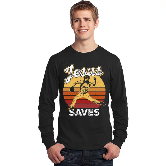 Retro Jesus A Saves Baseball Pitcher Fan Christian Tall Long Sleeve T-Shirt