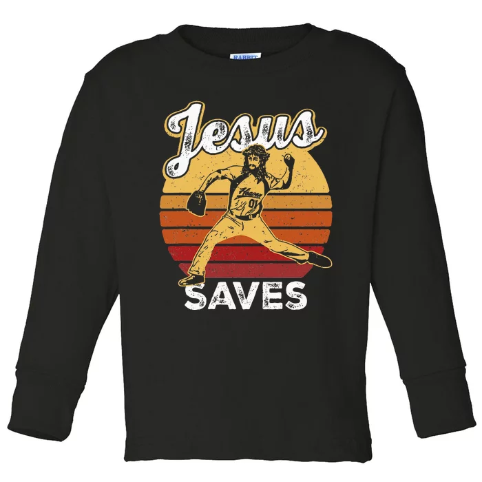 Retro Jesus A Saves Baseball Pitcher Fan Christian Toddler Long Sleeve Shirt