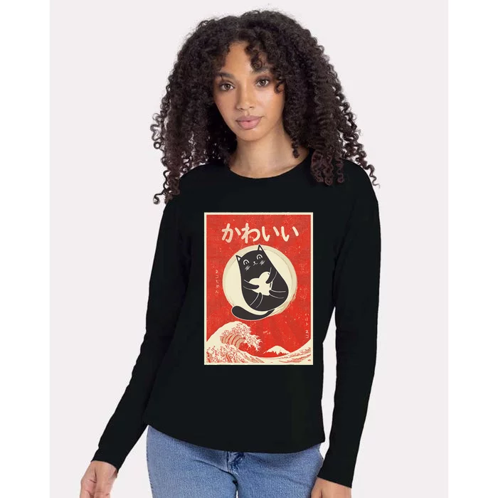 Retro Japanese Anime Cat Kawaii Japanese Word Womens Cotton Relaxed Long Sleeve T-Shirt