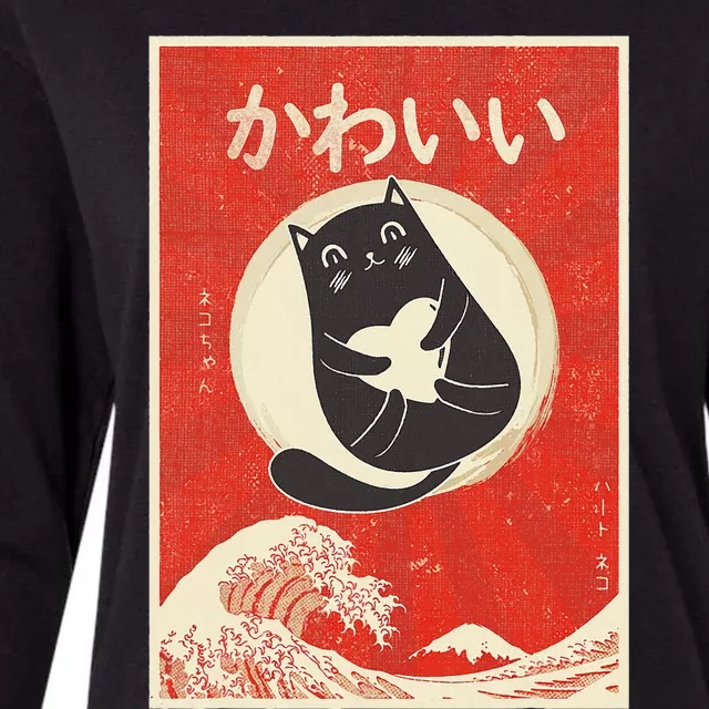 Retro Japanese Anime Cat Kawaii Japanese Word Womens Cotton Relaxed Long Sleeve T-Shirt