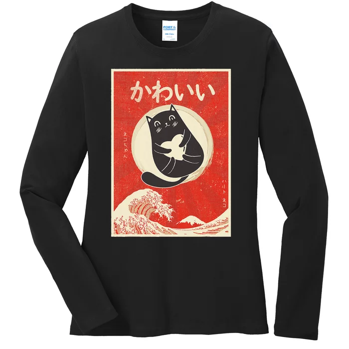 Retro Japanese Anime Cat Kawaii Japanese Word Ladies Long Sleeve Shirt