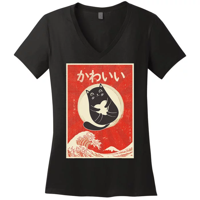 Retro Japanese Anime Cat Kawaii Japanese Word Women's V-Neck T-Shirt