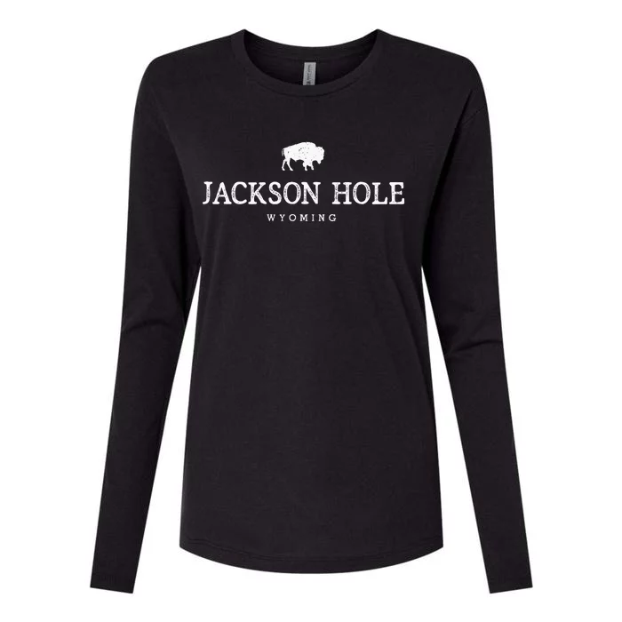 Retro Jackson Hole Wyoming Bison Buffalo Vintage Womens Cotton Relaxed Long Sleeve T-Shirt