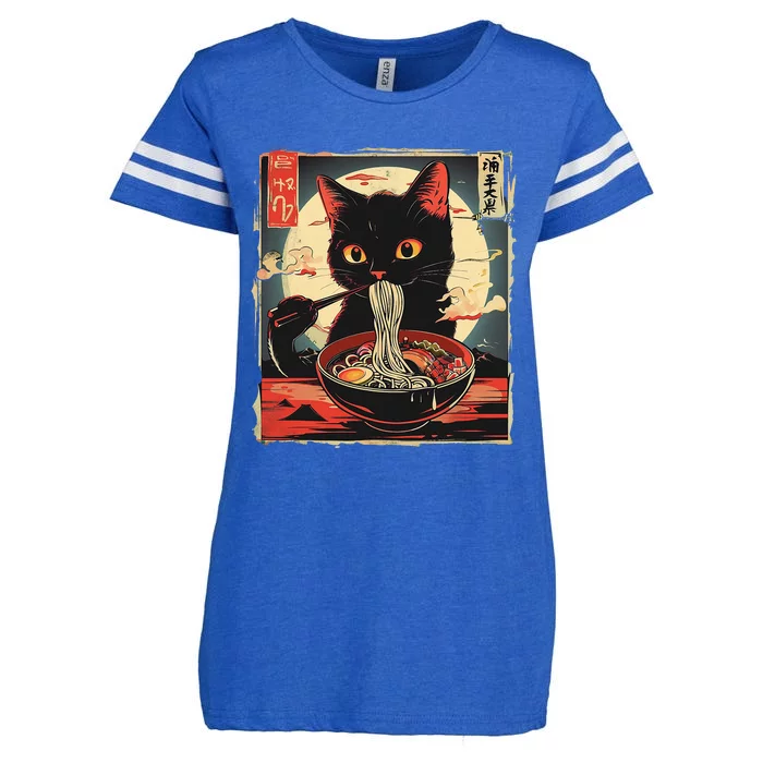 Retro Japanese Kawaii Cute Cat Eating Ramen Poster Enza Ladies Jersey Football T-Shirt