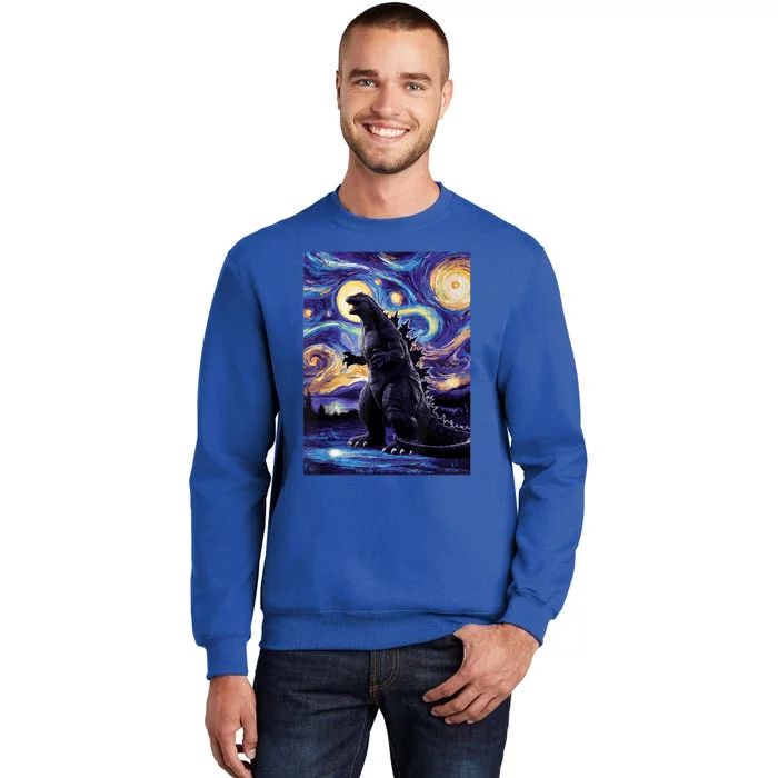 Retro Japanese Kaiju Monster Starry Night Parody Tall Sweatshirt