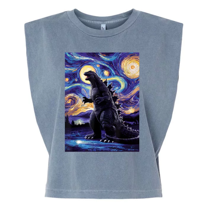 Retro Japanese Kaiju Monster Starry Night Parody Garment-Dyed Women's Muscle Tee