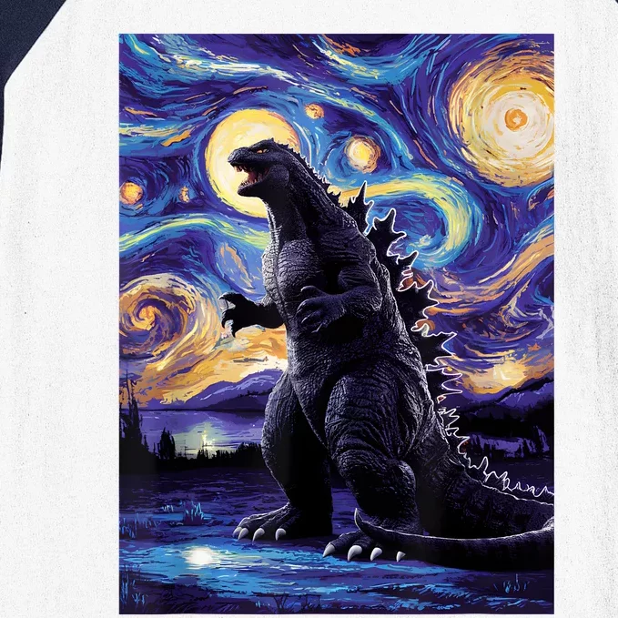 Retro Japanese Kaiju Monster Starry Night Parody Baseball Sleeve Shirt