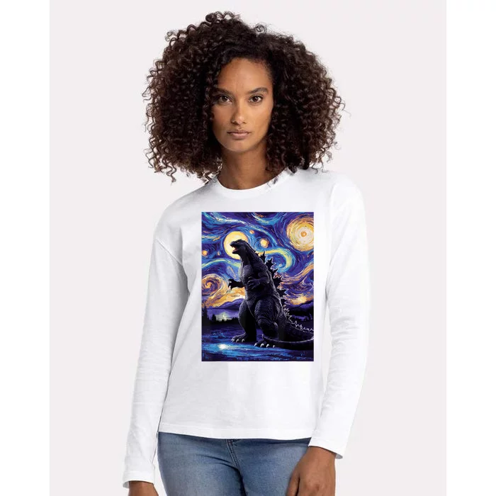 Retro Japanese Kaiju Monster Starry Night Parody Womens Cotton Relaxed Long Sleeve T-Shirt