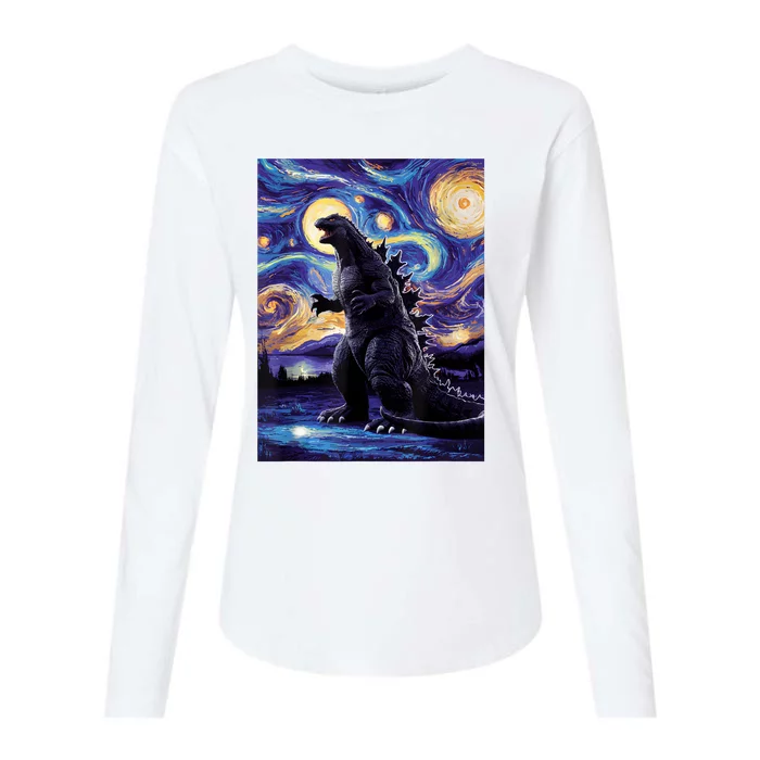 Retro Japanese Kaiju Monster Starry Night Parody Womens Cotton Relaxed Long Sleeve T-Shirt