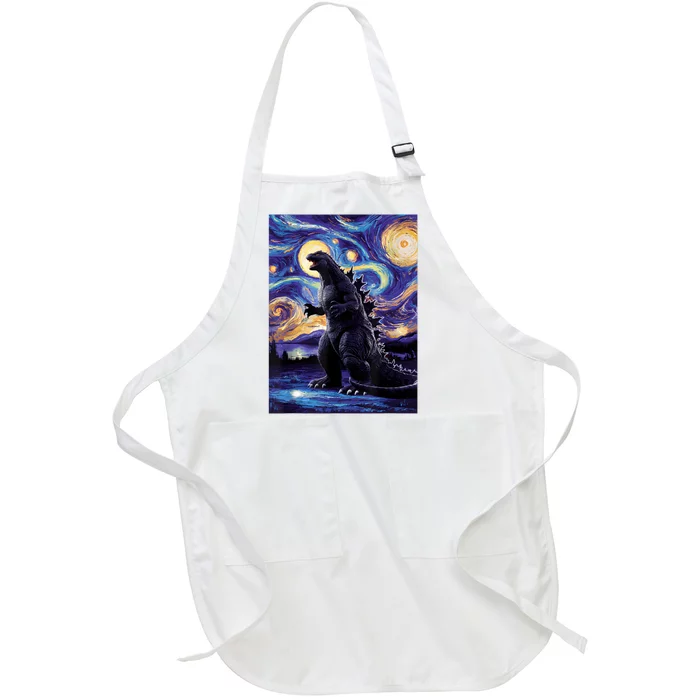 Retro Japanese Kaiju Monster Starry Night Parody Full-Length Apron With Pocket