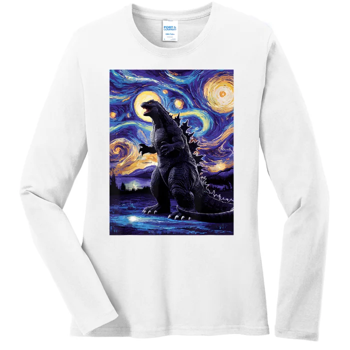 Retro Japanese Kaiju Monster Starry Night Parody Ladies Long Sleeve Shirt