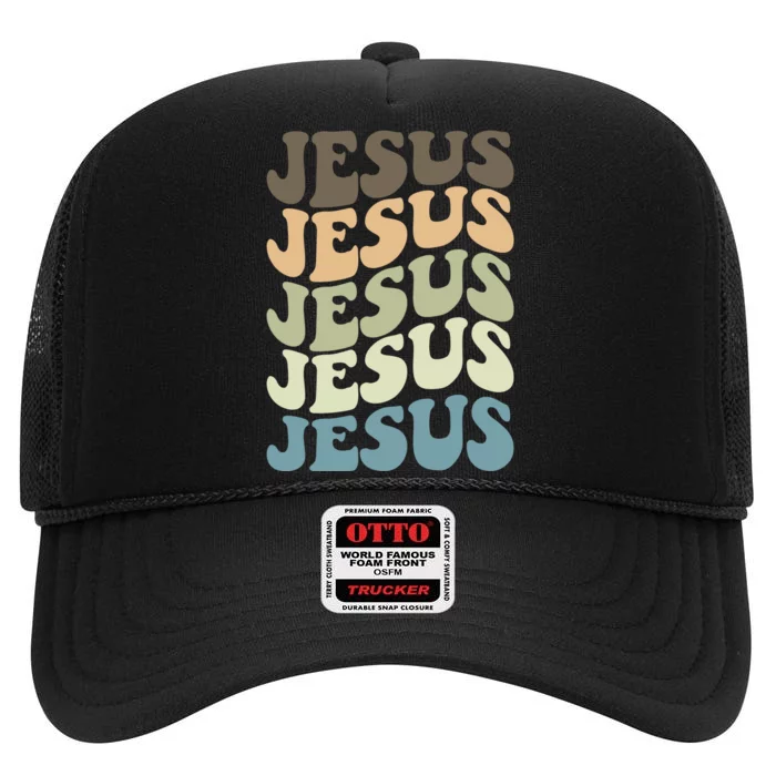 Retro Jesus Name Christian Faith High Crown Mesh Trucker Hat