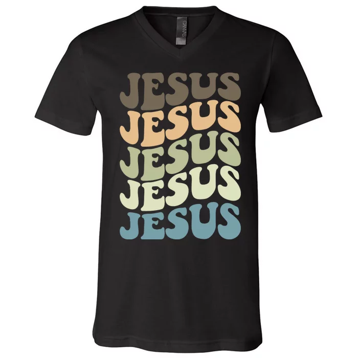 Retro Jesus Name Christian Faith V-Neck T-Shirt