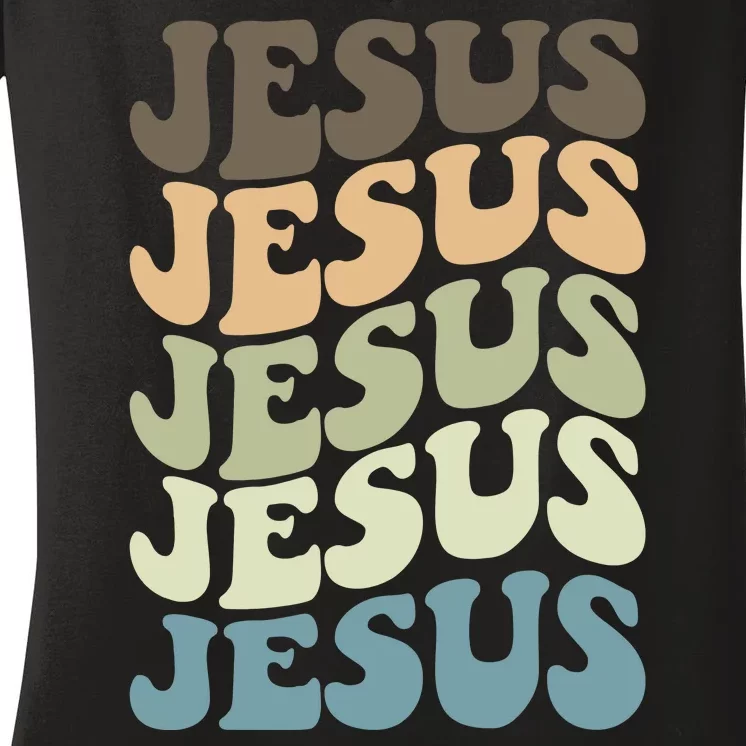 Retro Jesus Name Christian Faith Women's V-Neck T-Shirt