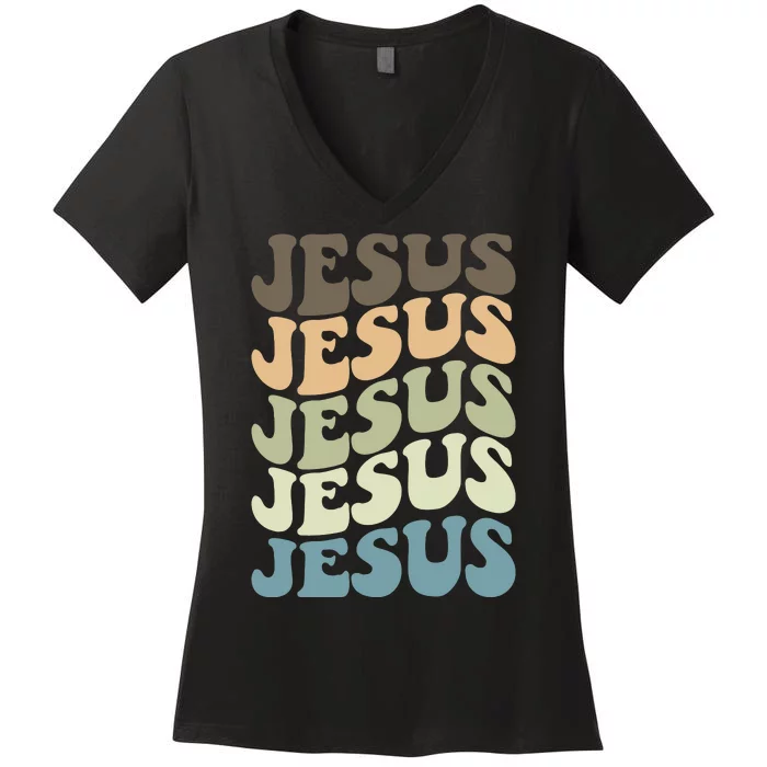 Retro Jesus Name Christian Faith Women's V-Neck T-Shirt