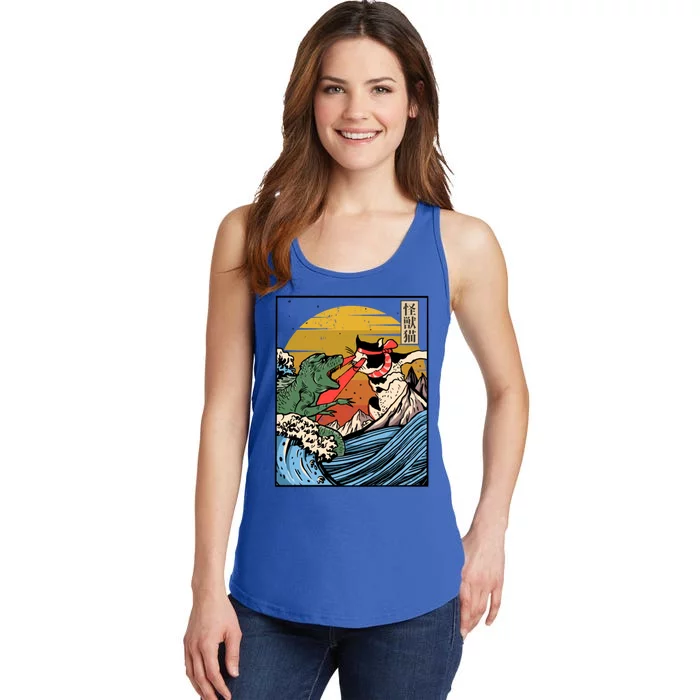 Retro Japanese Reptile Monster Vs Cat Monster Great Wave Ladies Essential Tank